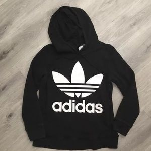 VTG RARE ADIDAS Big Trefoil Print Black Pullover Hoodie Sweatshirt Women…